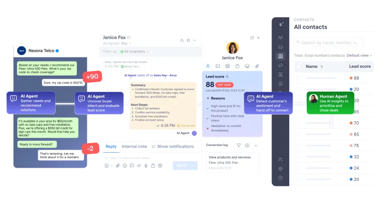 AgentFlow communicating with a prospect over WhatsApp and qualifying the lead before handing over to a human agent with internal notes