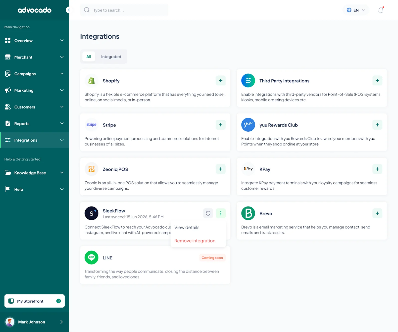 screenshot of Advocado's integration page, where SleekFlow sits