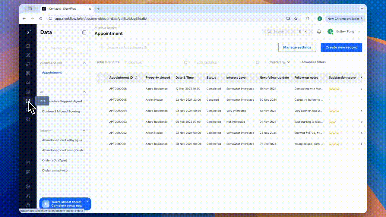 SleekFlow organizes each customer's data as structured records on a dedicated page. Clicking a record instantly opens the inbox, showing the complete purchase history alongside the conversation.