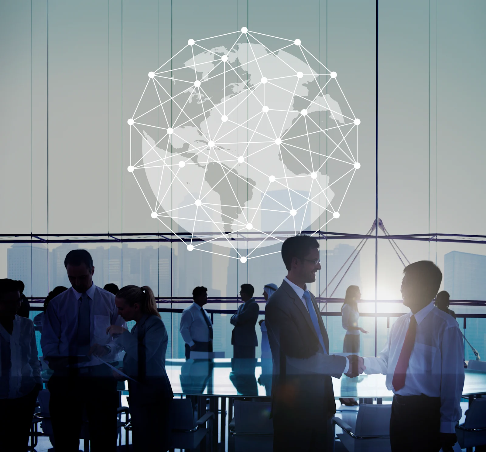 Business professionals networking in an office with a digital world map and connected nodes overlay, representing global collaboration and data connectivity.