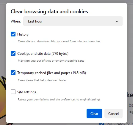 action to clear cache in firefox