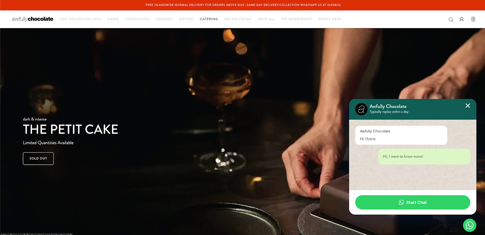 whatsapp widget on awfully chocolate shopify store