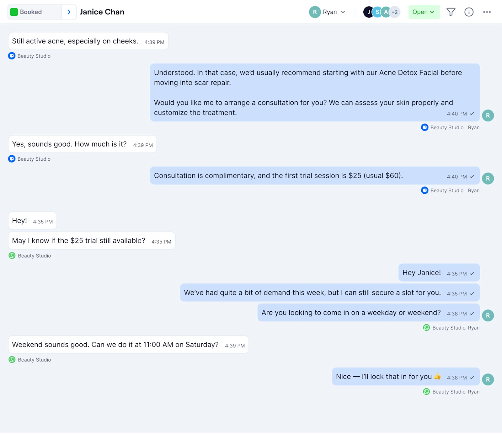 Screenshot of SleekFlow's unified message view, where a customer conversation seamlessly transitions from a website live chat to WhatsApp while maintaining full chat history.
