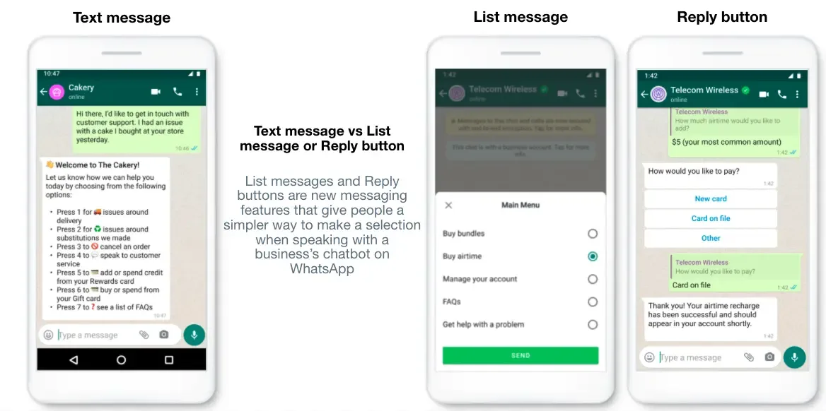 differences between text messages and list message or reply button