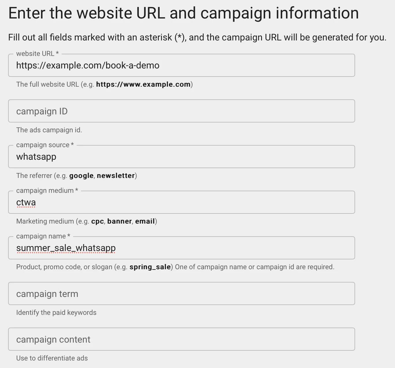 Enter the website URL and campaign information in the UTM link creation form for WhatsApp campaign tracking