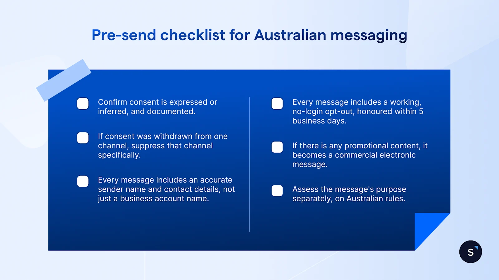 Pre-send checklist for ANZ messaging include confirming consent, accuracy, a working no-login opt-out, and checking the message purpose