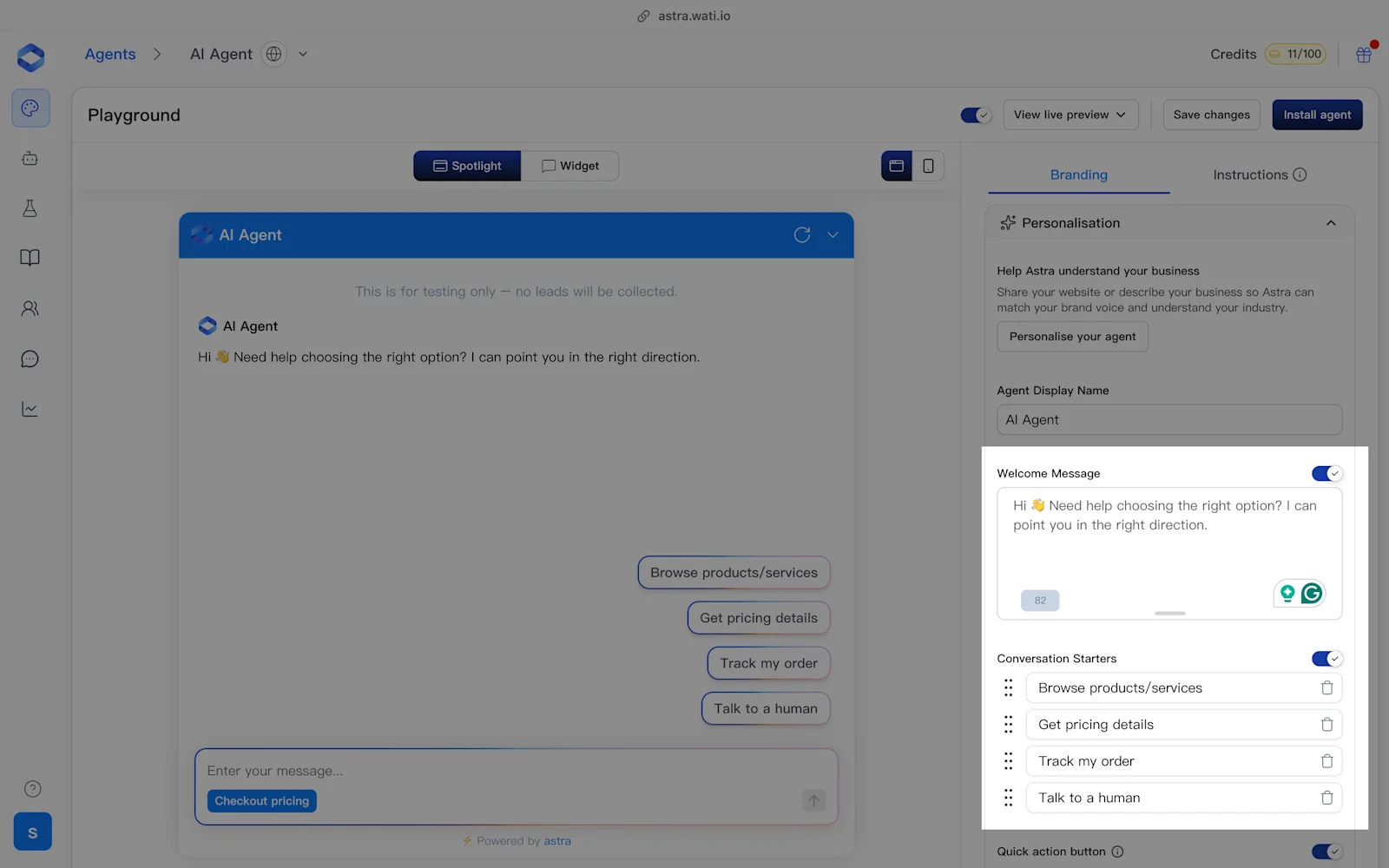 Astra AI agent setup screen highlighting a rigid configuration that only allows for manual welcome text and fixed conversation buttons rather than dynamic AI interactions.