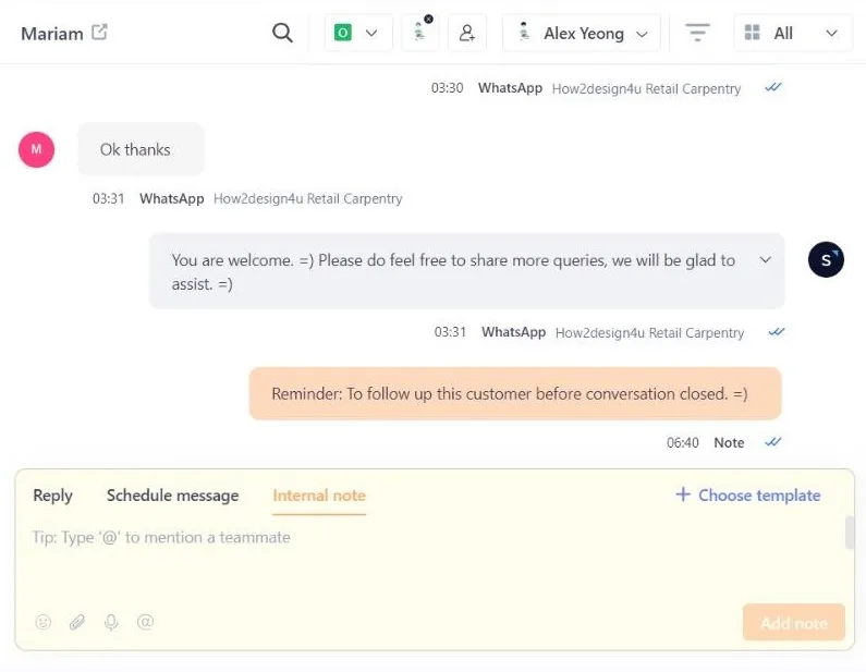 How2design4u uses SleekFlow Internal Notes