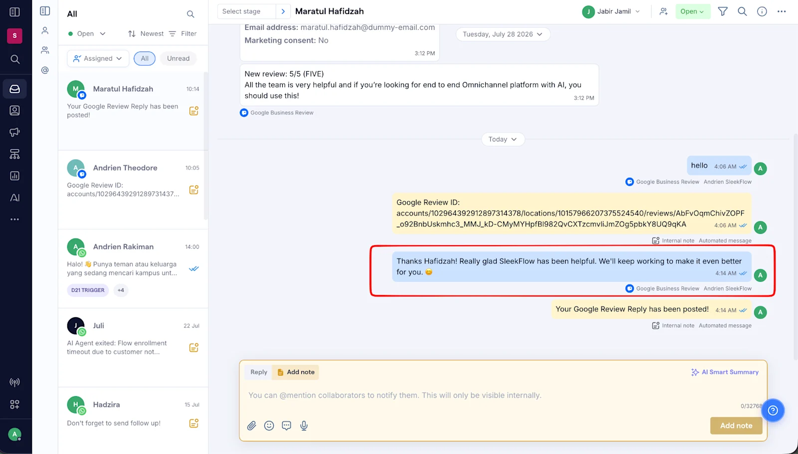 screenshot of a google review reply being written in sleekflow inbox, with an internal note notifying that it has been published.