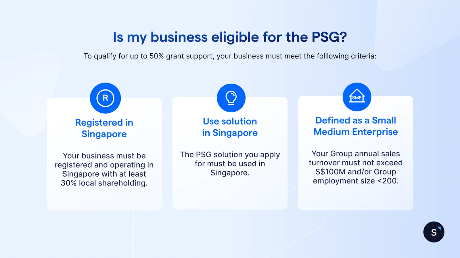 3 criteria for psg eligibility: registered in singapore, use solution in singapore and defined as SME