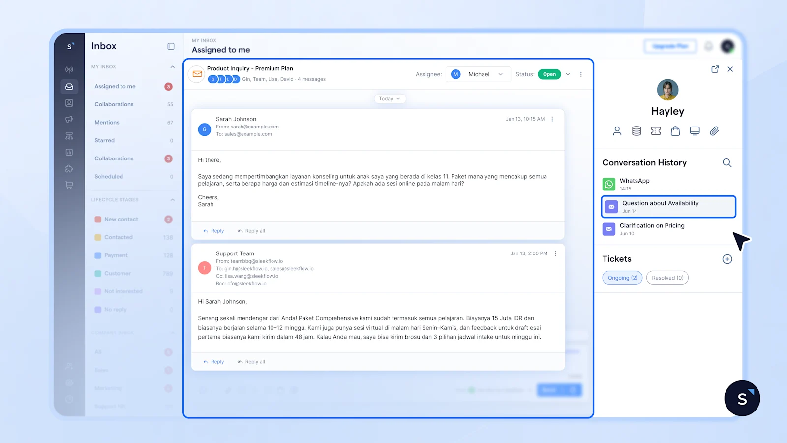 Contoh Email di fitur shared inbox SleekFlow