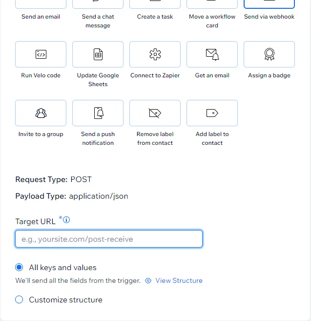 webhook settings for target URL