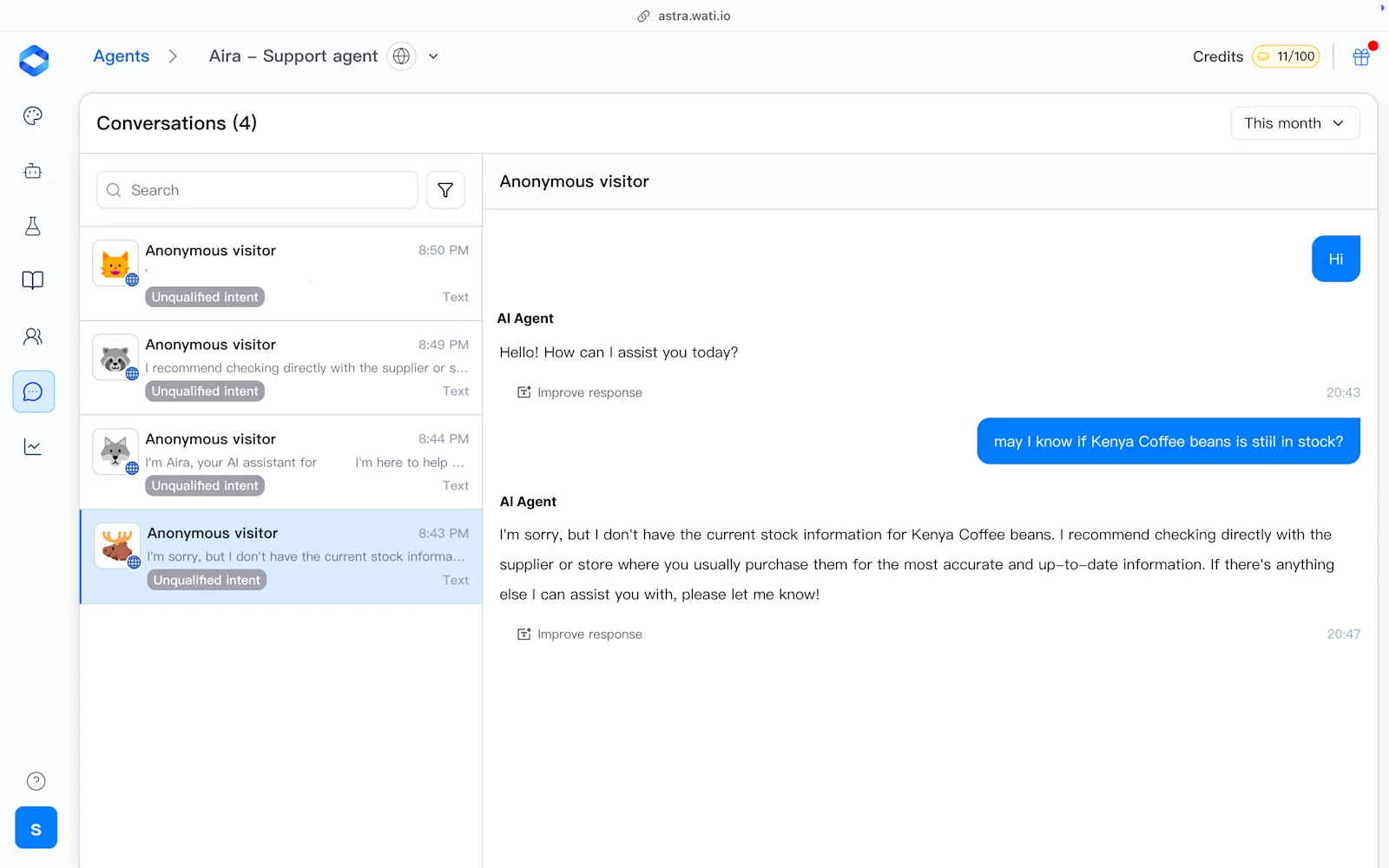 Interface showing Wati's Astra AI running in a separate inbox from the main Wati platform