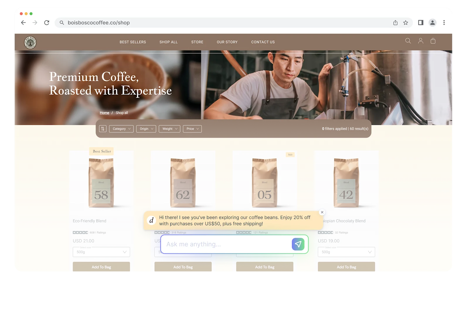 A website homepage featuring a SleekFlow AI growth chat widget with a proactive pop-up message