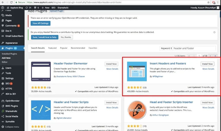 Insert Headers and Footers plugin in wordpress
