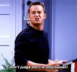 man yelling, "don't judge me, I'm only human" in a sitcom