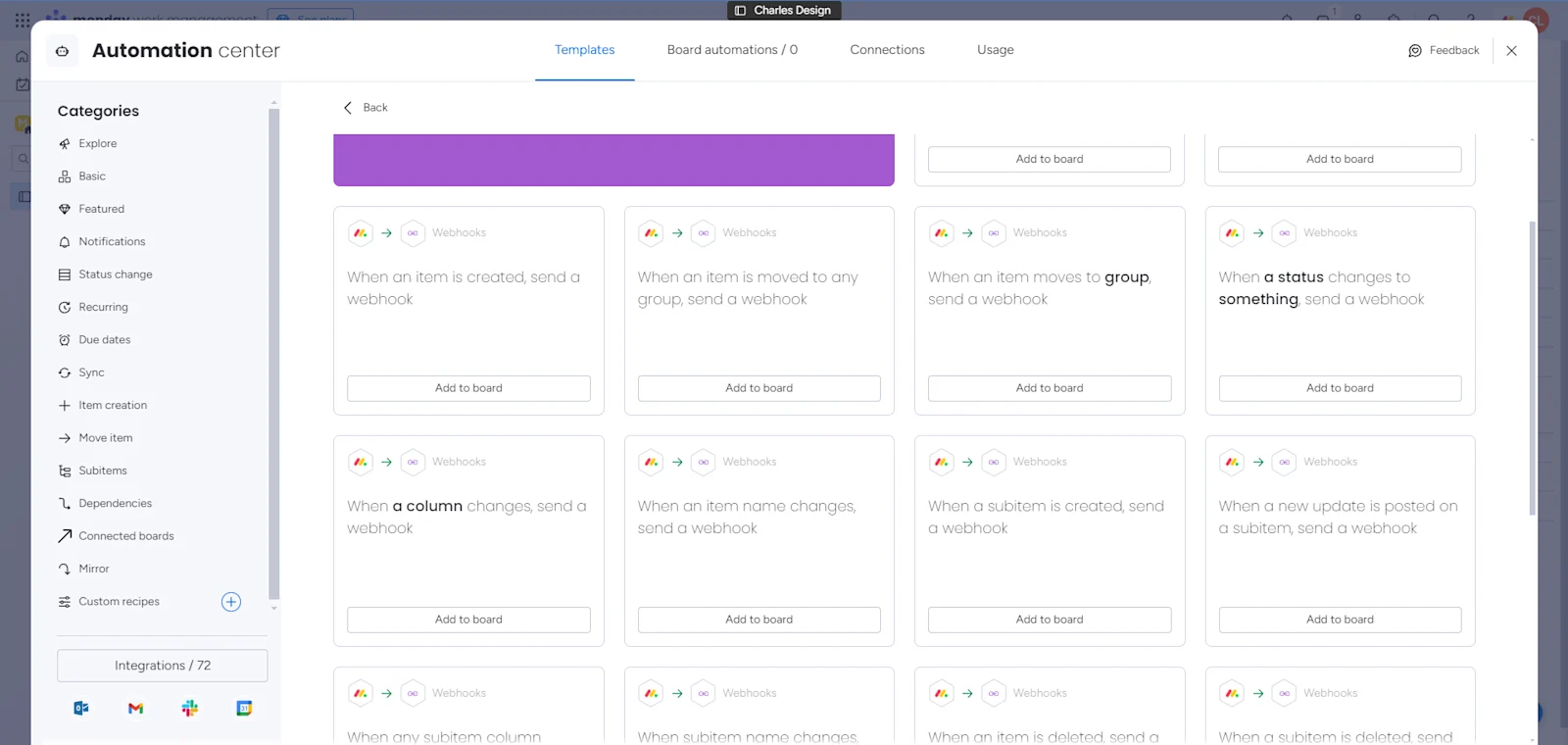 Monday.com automation center showing webhook integration template.