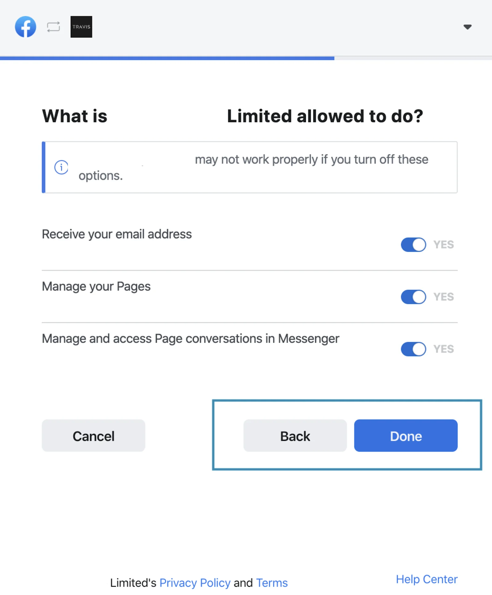 allowing permissions to manage pages and messenger
