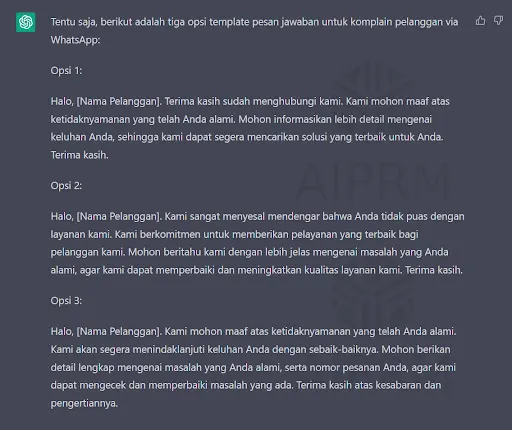 chat gpt customer service - template menjawab komplain