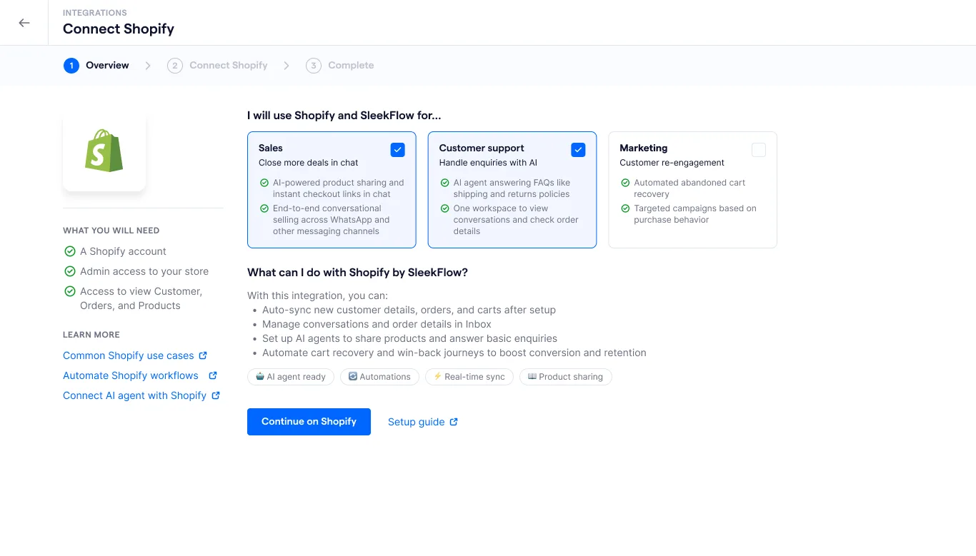SleekFlow Shopify integration setup page showing options for using Shopify and SleekFlow for Sales, Customer Support, and Marketing. There are checkboxes for specific features such as AI agent readiness and automations, with a button to continue the setup on Shopify.