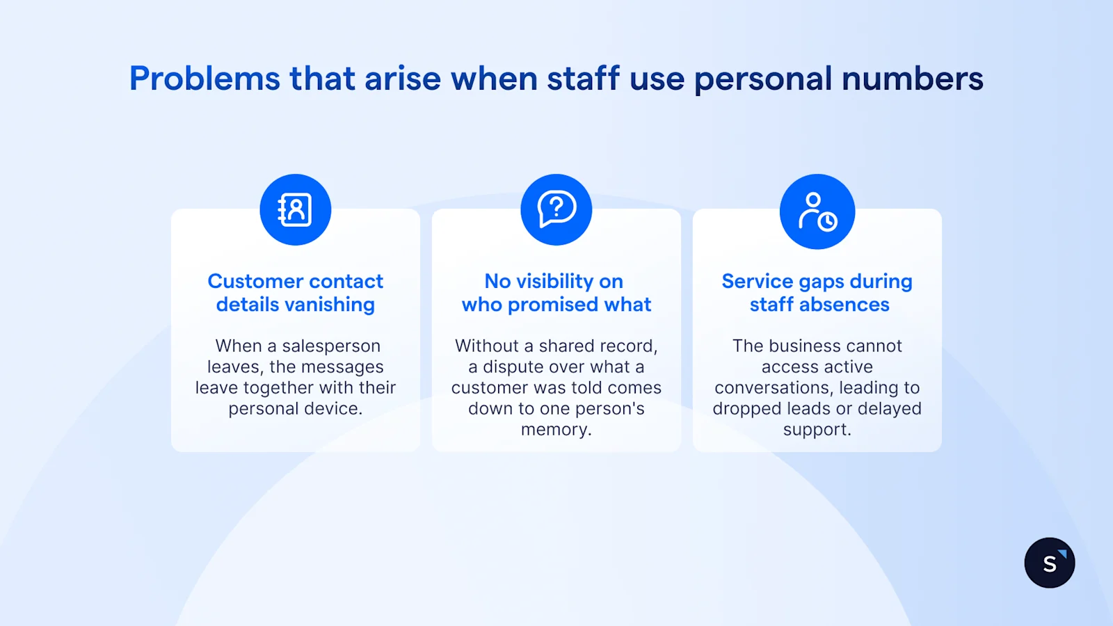 Common problems when staff use personal numbers: contact details vanishing, no visibility on agreements, and service gaps during absences