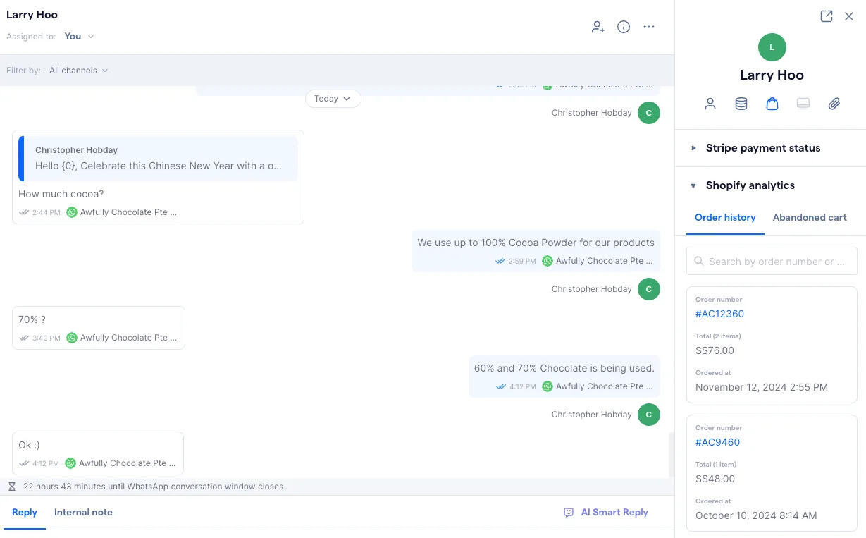 customer asking a FAQ to awfully chocolate and receiving an automated reply on SleekFlow
