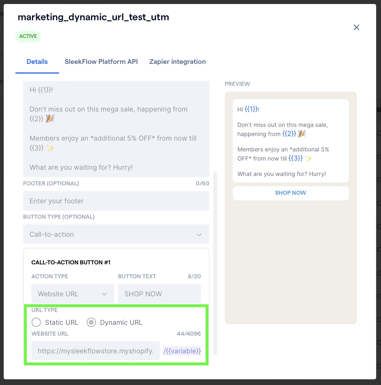 SleekFlow message template preview with dynamic URL for UTM tracking
