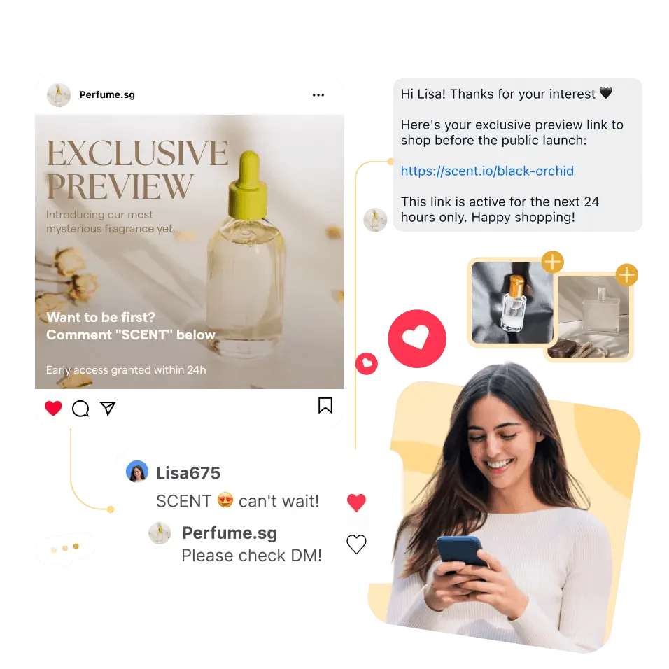 A woman happily displays her phone to friends and family, sharing moments