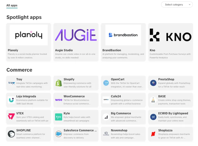 Screenshot of TikTok integration page