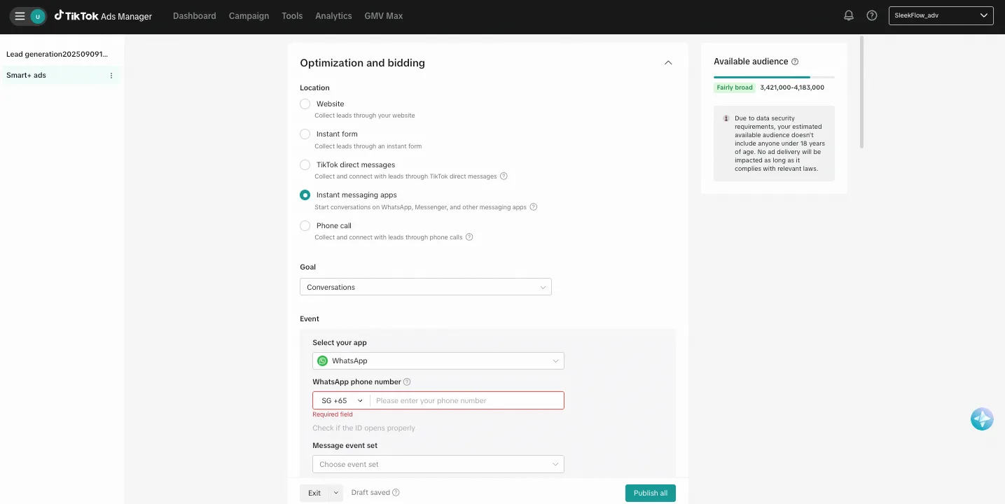 Step 3 how to create tiktok messaging ads