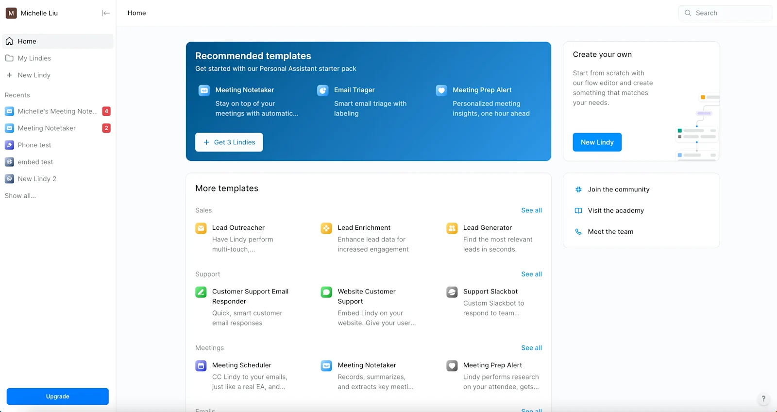Lindy AI agent starter pack display, showcasing various automation tools like Lead Generator and Website Customer Support for business productivity.