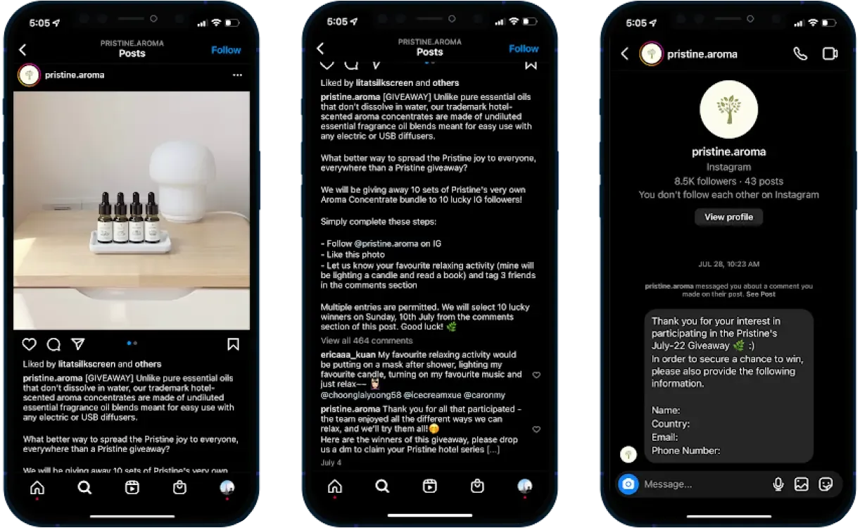 screenshot of Pristine Aroma auto reply campaign on instagram and welcome message on WhatsApp 