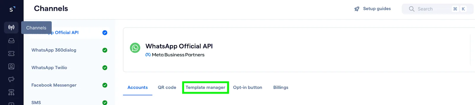 Screenshot of directing to template manager in SleekFlow for creating and managing business message templates