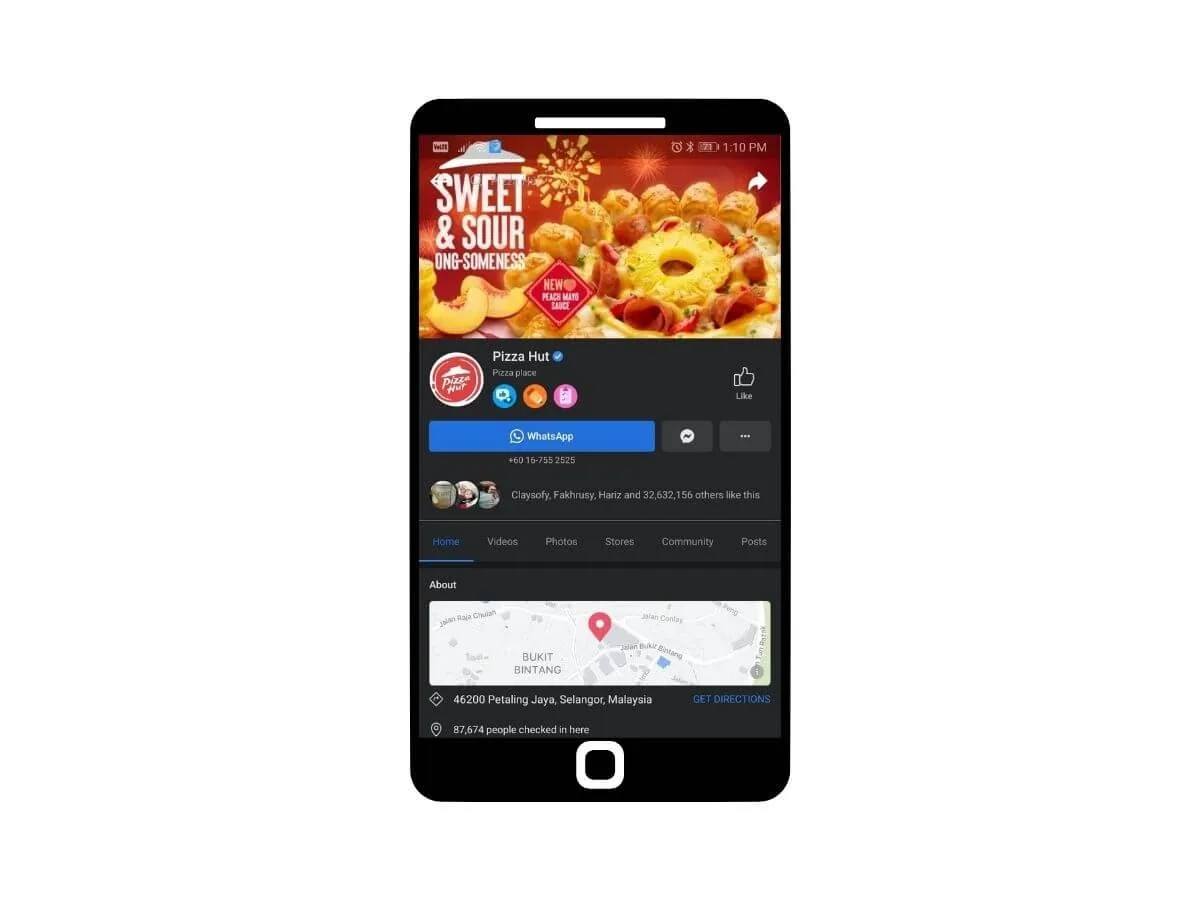 pizza hut facebook page showing whatsapp option for contacting