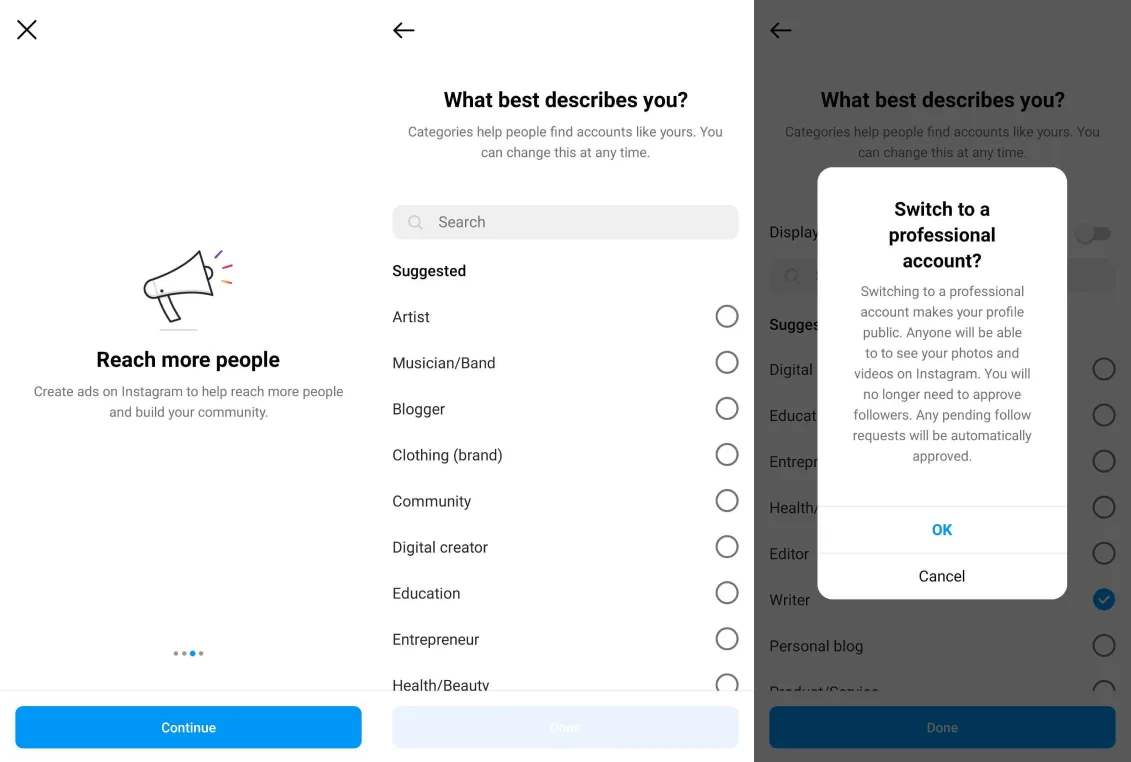 Select category for Instagram Business account