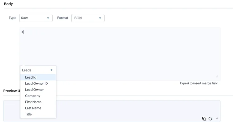 merge field selector for webhook json body parameters