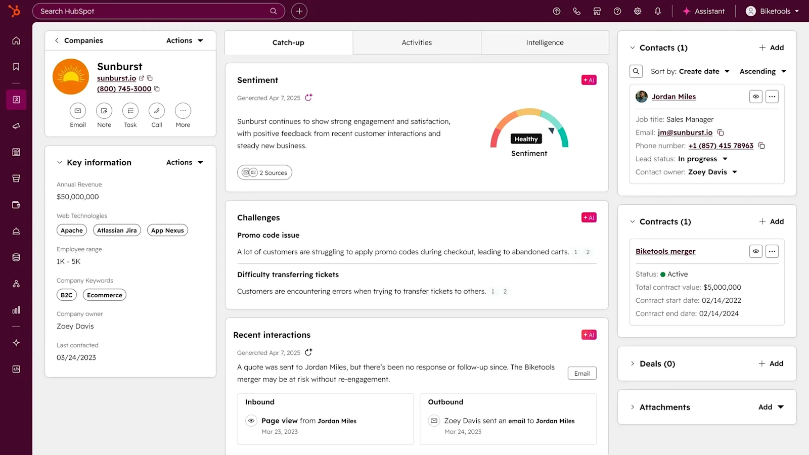 HubSpot's AI-powered CRM view providing real-time sentiment tracking and automated summaries to streamline sales and support workflows.