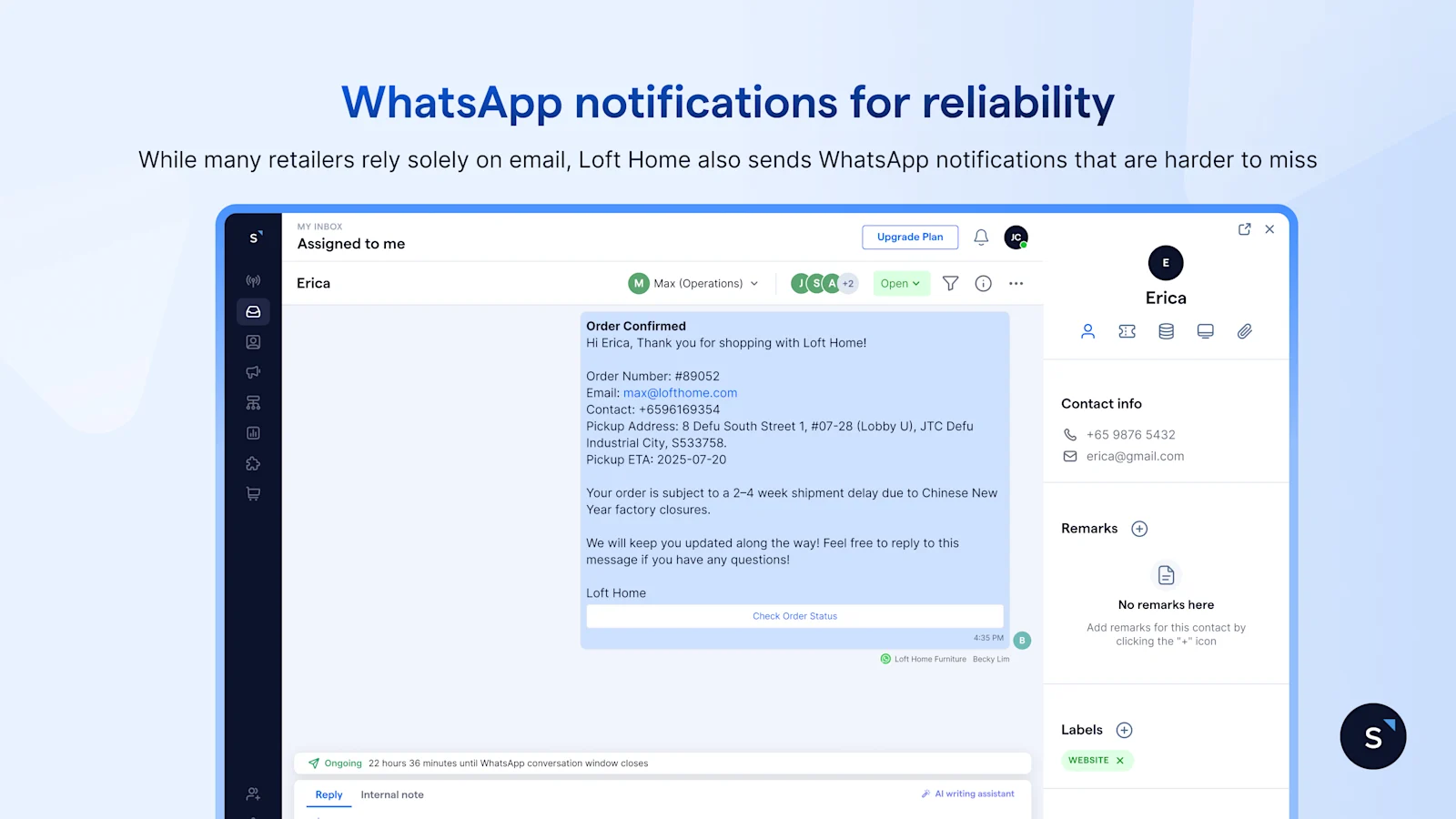 Loft Home using SleekFlow to send order notifications on WhatsApp