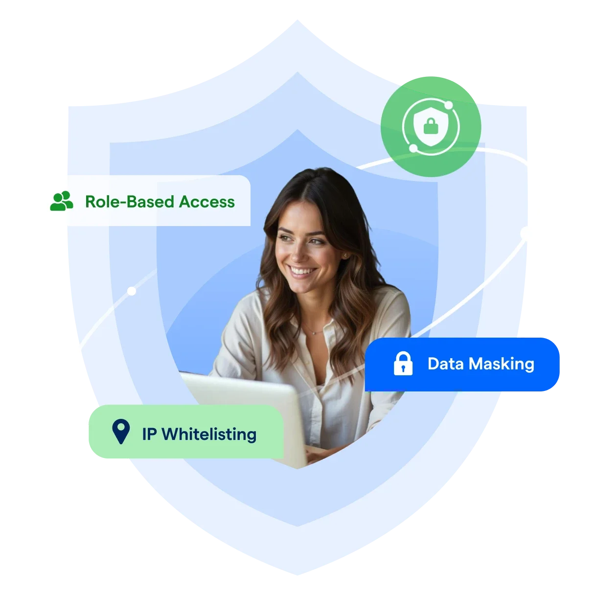 Smiling woman with data security features around her
