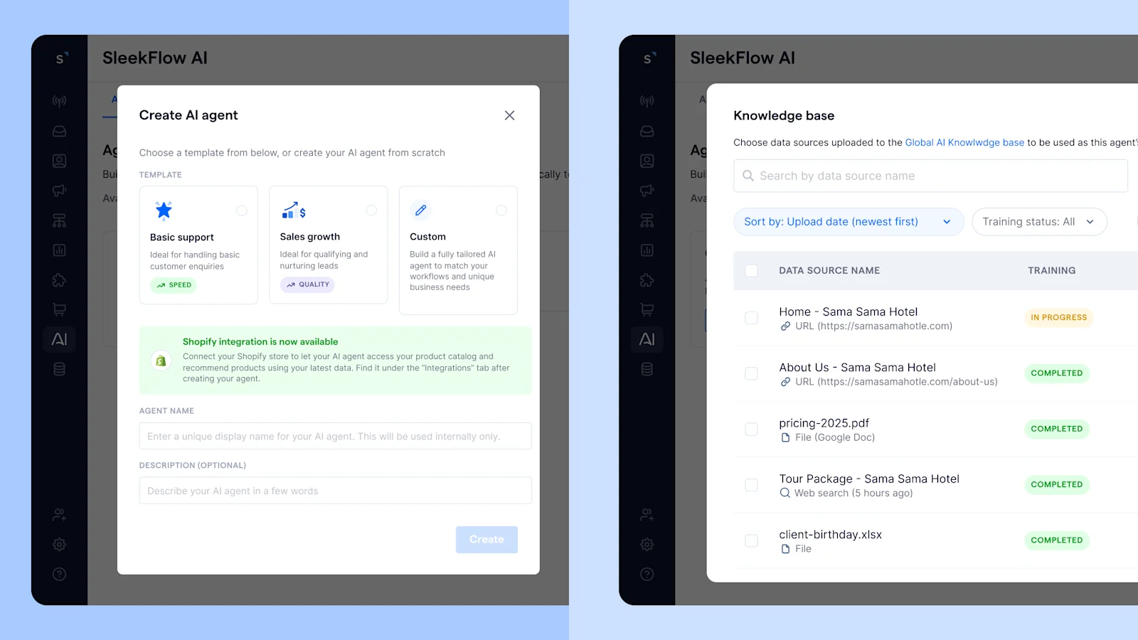 SleekFlow AI setup screen showing options for creating an AI agent with templates for support, sales, and custom use, along with a knowledge base section listing data sources and training statuses.