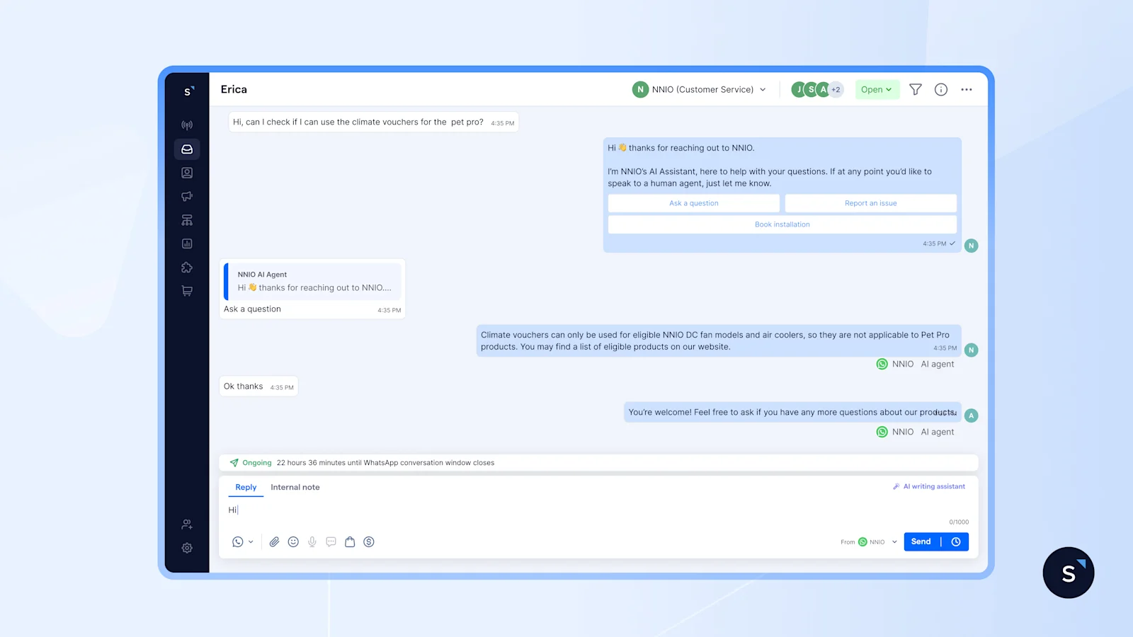 NNIO answering enquiries automatically with Flow Builder and AI agents