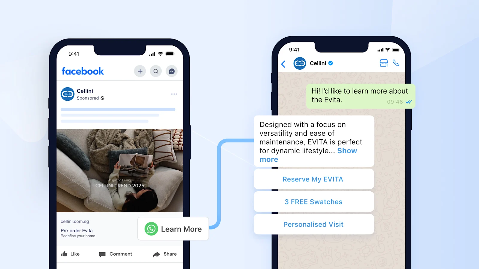 Cellini SG using Click to WhatsApp Ads on Facebook to increase conversions