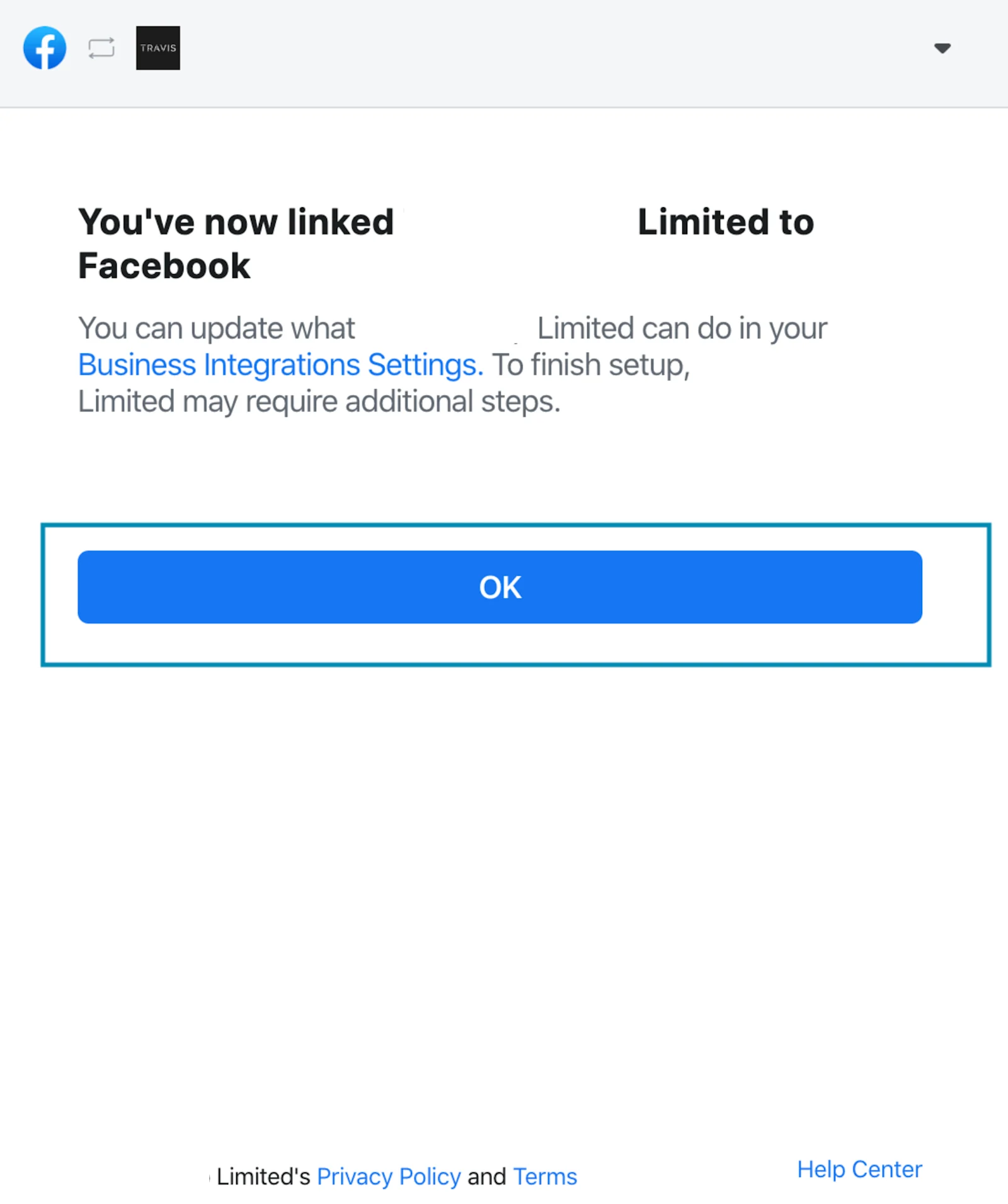 successful facebook account linking confirmation screen