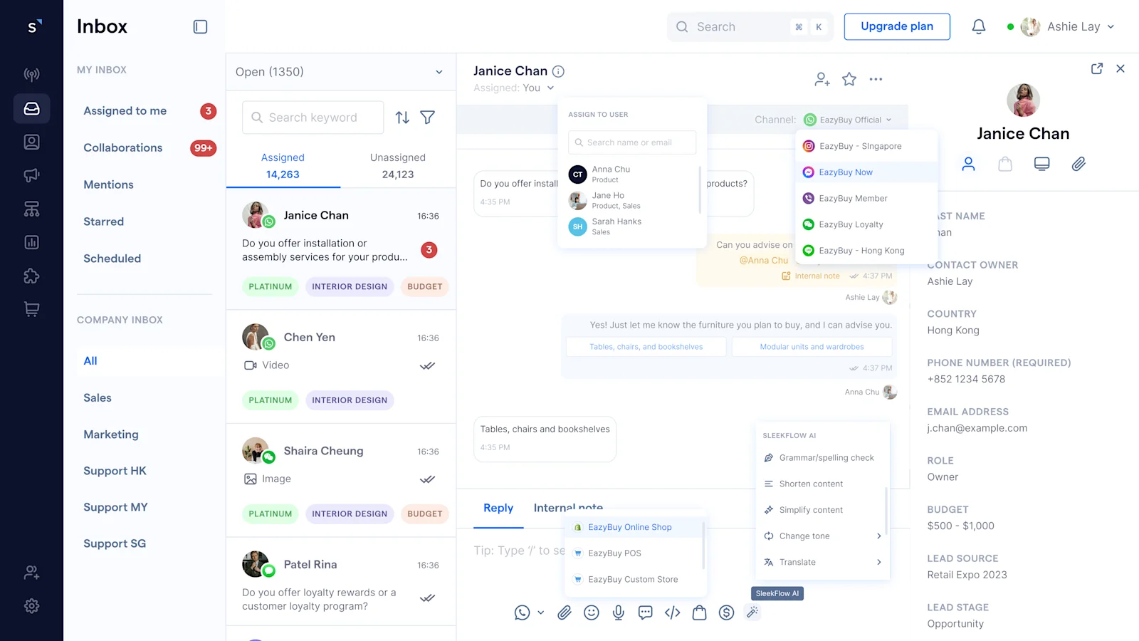 SleekFlow inbox centralized all conversations across WhatsApp, Instagram, Facebook Messenger, Telegram, LINE, WeChat, and more, in one place, with full customer history visible to every agent.