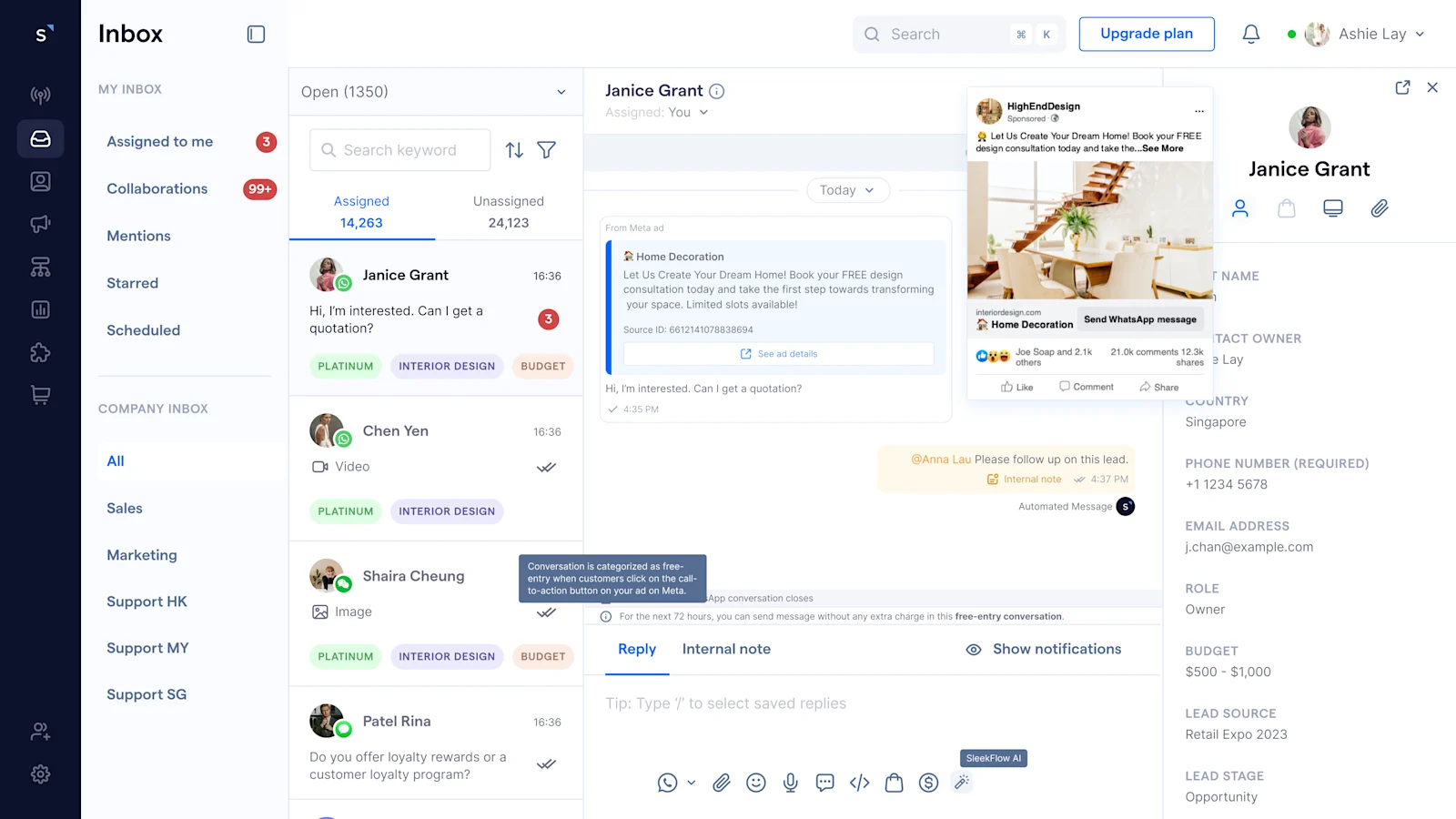 messages from CTWA ads in inbox