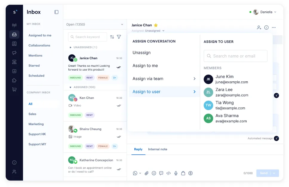 SleekFlow inbox with multiple users login for seamless collaboration