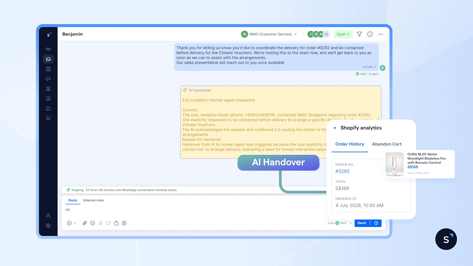 NNIO using SleekFlow AI agent to capture important customer information and pass detailed handover to human agent