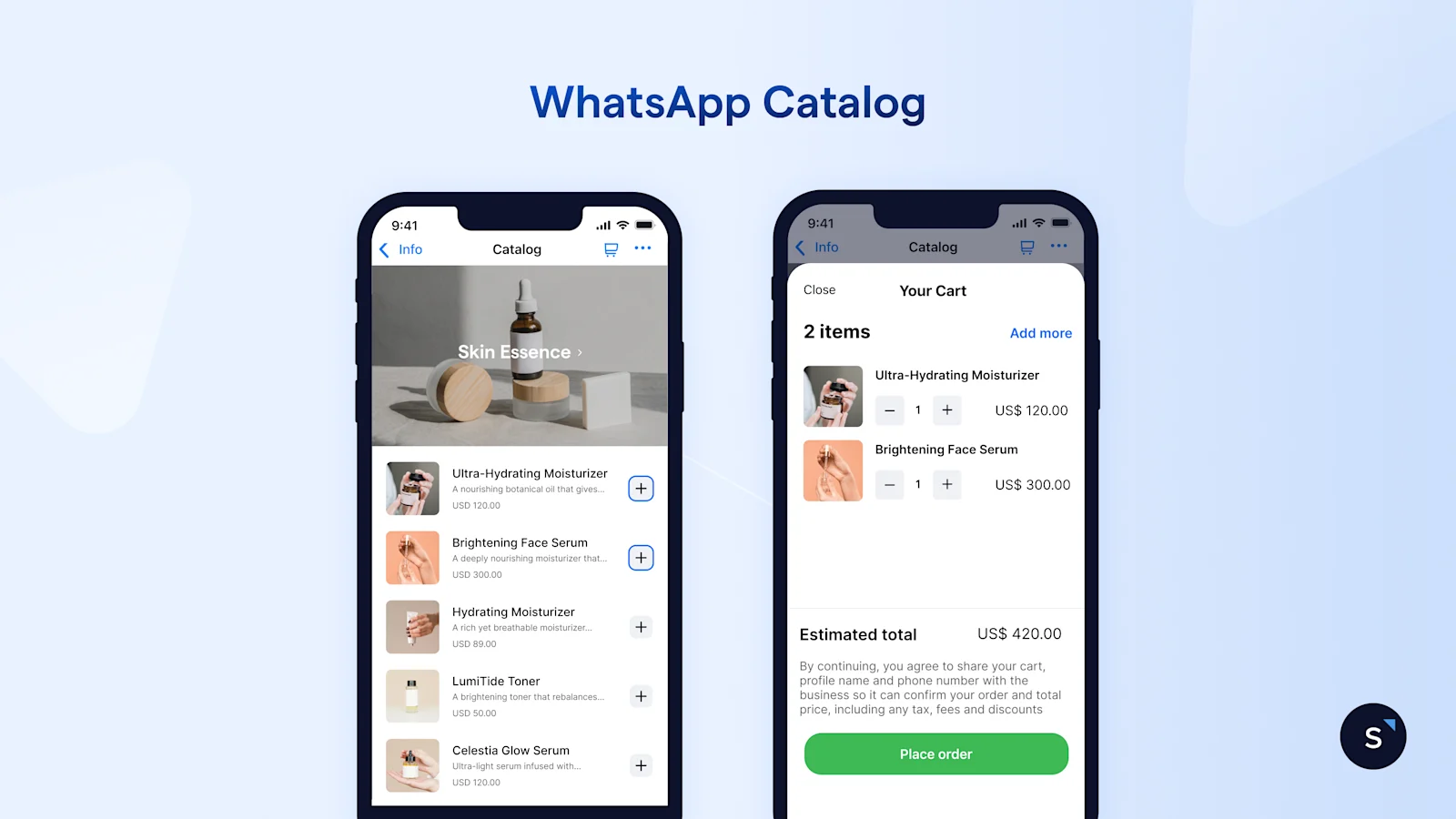 Screenshot of a WhatsApp Catalog interface showing product listings and an in-app shopping cart for checkout.