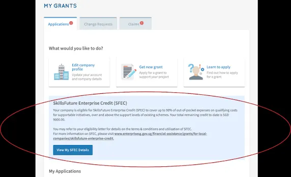 screenshot of business grants portal showing skillsfuture enterprise credit