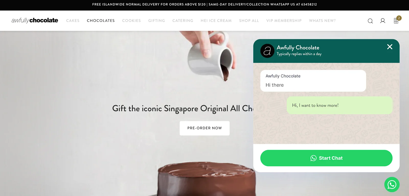 SleekFlow WhatsApp business API on Awfully Chocolate website
